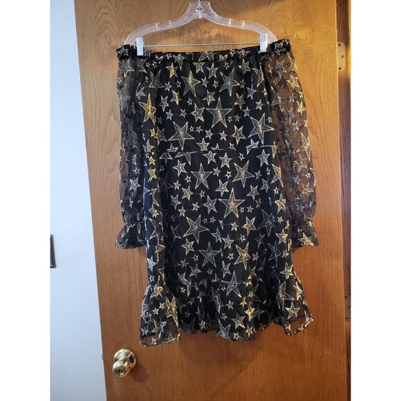 Sam Edelman Off The Shoulder Gold Silver Sparkle Star Mesh Sheer Dress NWT 14 - Picture 7 of 8